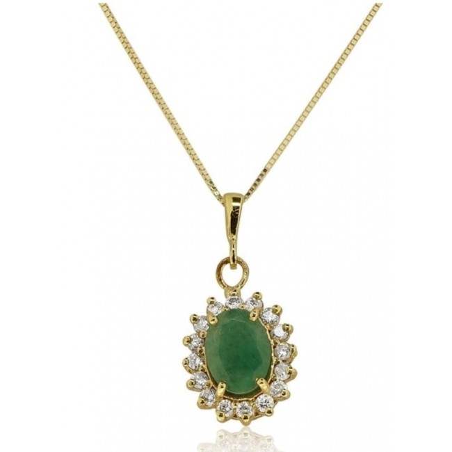 Diana Gold necklace and pendant 14 karat inlaid emerald 1.3 carat and 0.24 carat