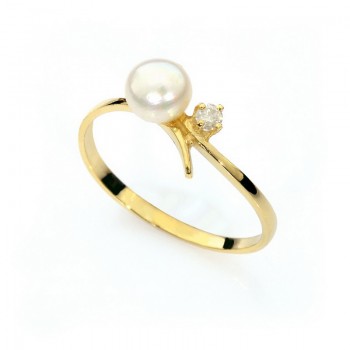 טבעת זהב משובצת פנינה טבעית  ויהלומים 0.05 קראט 