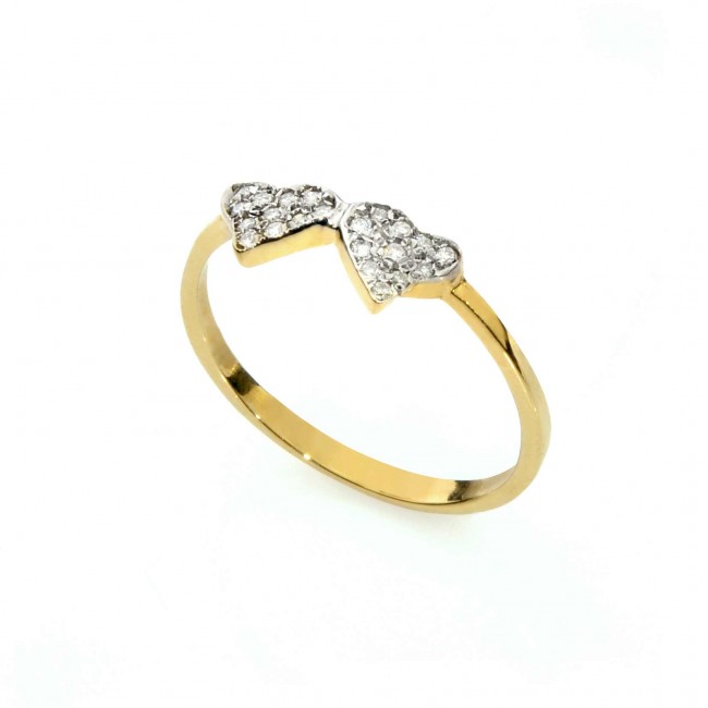 טבעת שני לבבות זהב צהוב 14K משובץ יהלומים 0.12CT