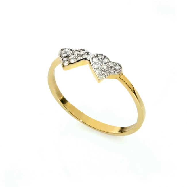 טבעת שני לבבות זהב צהוב 14K משובץ יהלומים 0.12CT
