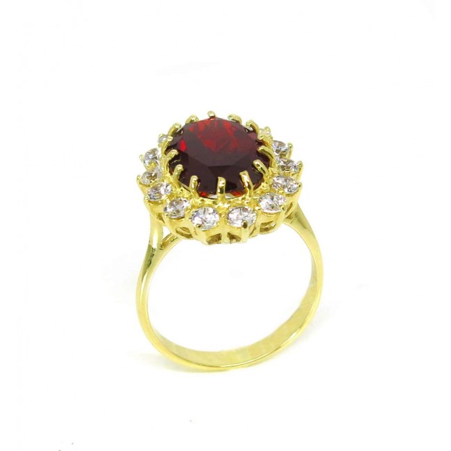 טבעת זהב צהוב 14K משובץ זרקונים ואבן חן גרנט אדומה
