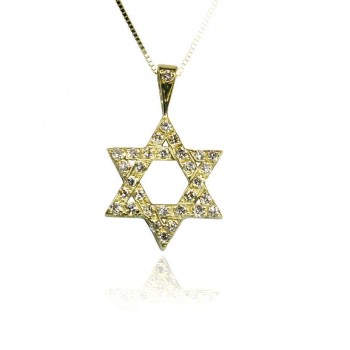 שרשרת ותליון מגן דוד מזהב צהוב 14K משובץ יהלומים 0.30CT