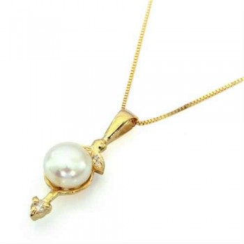 שרשרת ותליון זהב צהוב 14K משובץ פנינה ויהלומים 0.07CT