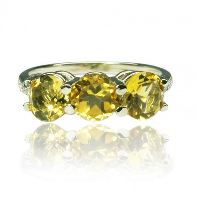 טבעת זהב 14K "שלוש אבנים" משובצת סיטרין ויהלומים 0.07CT