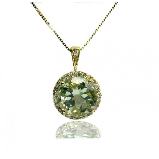 Green Amethyst necklace and pendant gold and diamonds K14-free Shipping