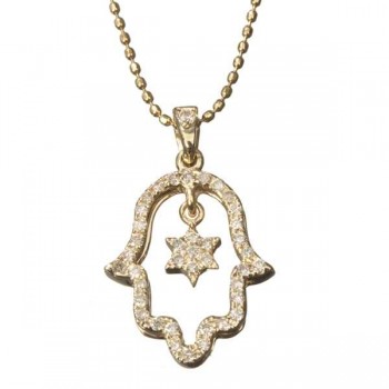 שרשרת ותליון זהב 14 קאראט בעיצוב חמסה ומגן דוד משובץ ביהלומים 0.21קראט 