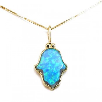 שרשרת ותליון זהב 14 קאראט בצורת חמסה משובץ באופל  