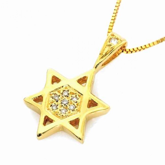 שרשרת ותליון זהב 14 קאראט בעיצוב מגן דוד משובץ ביהלומים 0.08קראט 