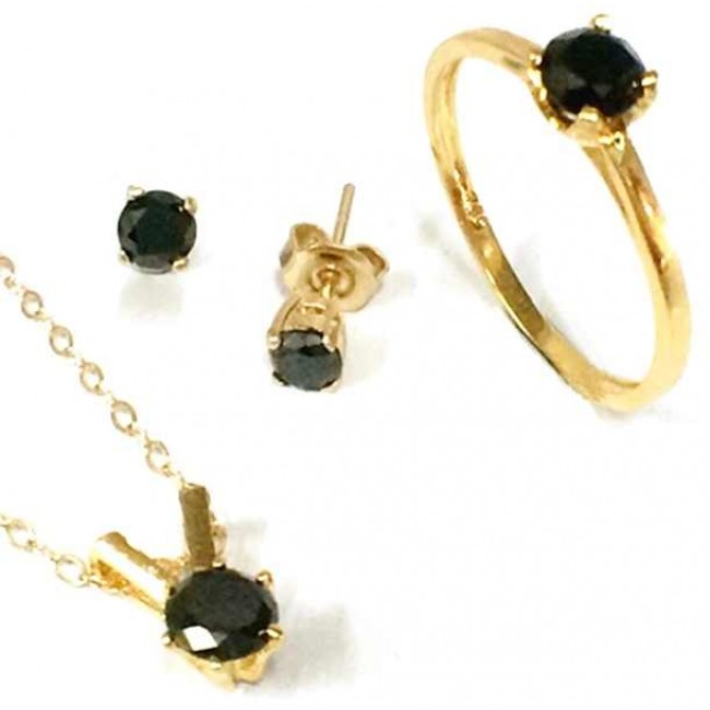 Комплект ювелирных украшений с черными бриллиантами-солитерами: цепочка, кольцо, серьги. Чистое серебро с покрытием из желтого золота 24 карата