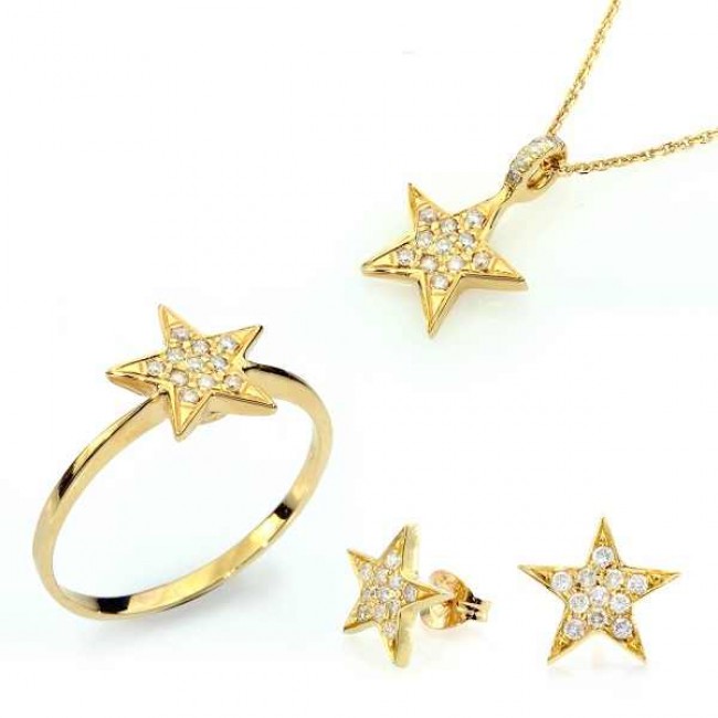 סט כוכב יהלומים מושלם: שרשרת+טבעת+עגילים בזהב צהוב 14