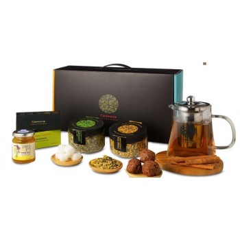 Boutique tea set in a gift box made of designed hard cardboard, with carrying handle 
