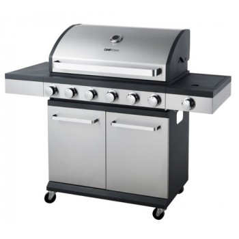 גריל גז מקצועי 6 מבערים עם כירת צד, רשתות יציקה פנל קדמי בגימור נירוסטה מסדרת OHAIO משלוח חינם