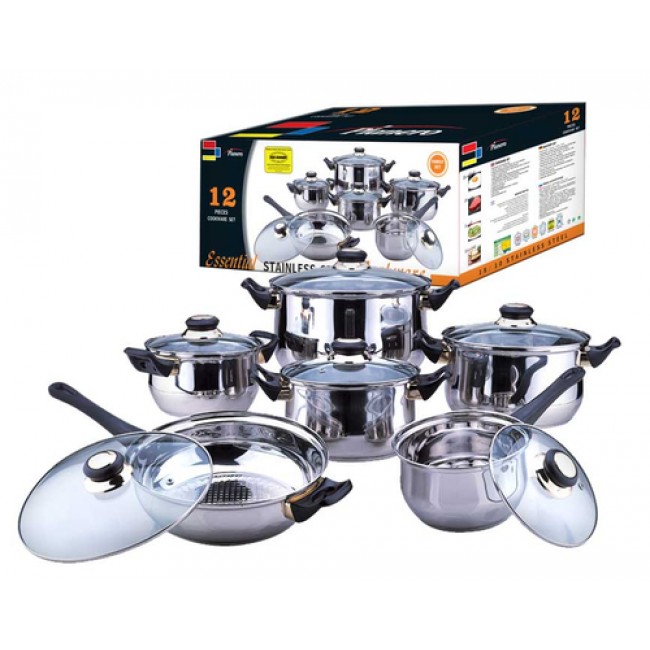12-piece stainless steel pot set and glass lid including Planero gold sum set