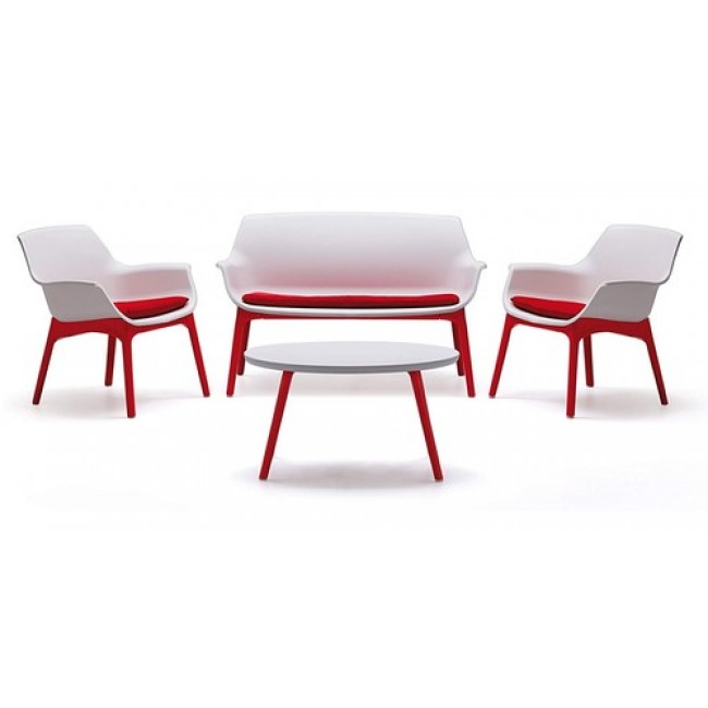 Retro-designed balcony and garden seating system, featuring 2 single armchairs and a BICA Italian-made white grey/red table to choose from for free shipping