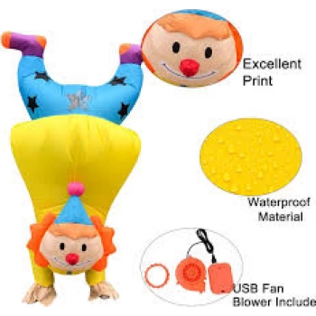 Clown costume standing on the head with a pump Clown costume standing on the head with a pump