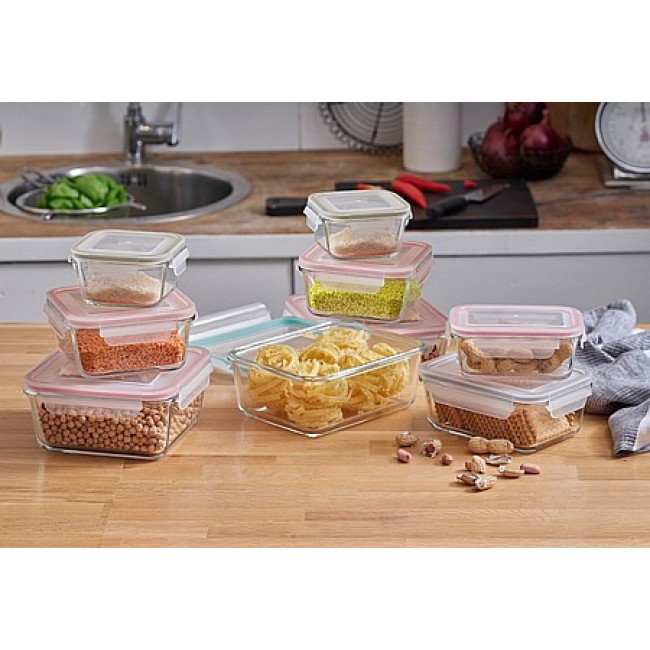 Set of 9 GlassCloc Tempered Glass Storage Boxes Resistant to Fracture, Heat and Cold in a Variety of Sizes from Food Appeal Free Shipping