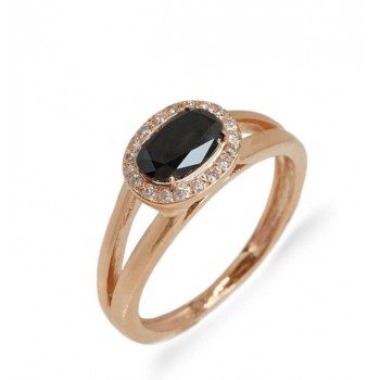 טבעת זהב משובצת יהלום שחור בחיתוך אליפסה ושורת יהלומים לבנים מסביב משלוח חינם