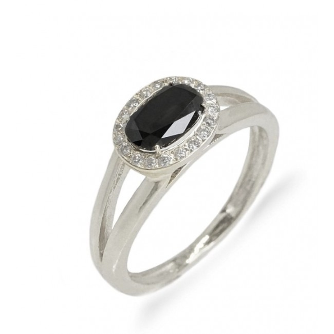 Gold ring studded with oval-cut black diamond and a line of white diamonds around free shipping