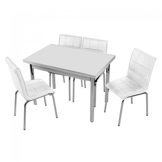 פינת אוכל משולבת זכוכית לבנה מעוצבת במראה קלאסי ואלגנטי, הכוללת שולחן נפתח וארבעה כיסאות בצבעים La Kitchenette  משלוח חינם