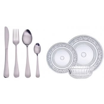 Set of plates 18 parts for 6 diners decorated oriental glass from chef Segev Moshe series includes a sum set of 24 pieces stainless steel HAWAII Free Shipping