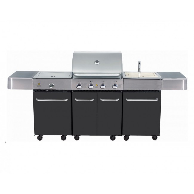 Professional kitchen for courtyard and grey paint garden including gas grill, side sink, sink and cutting board, portable on wheels Free shipping