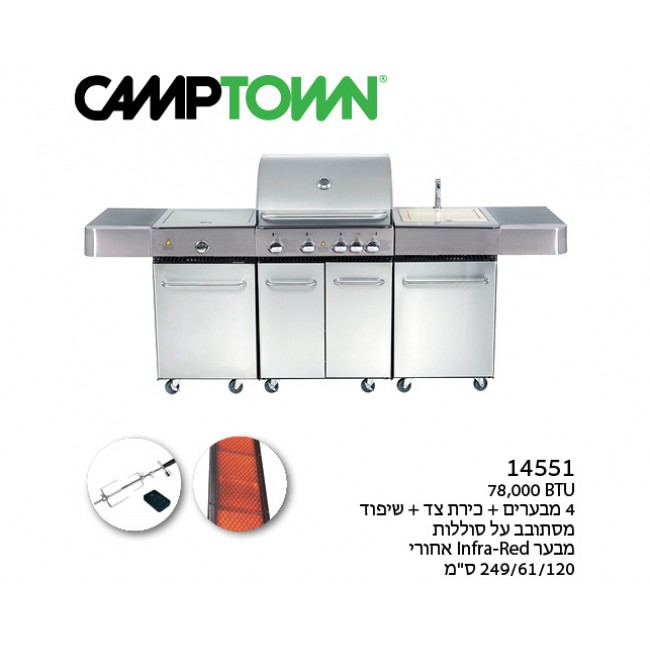 Professional kitchen for courtyard and garden including gas grill, side stove, sink and cutting board, portable on wheels Free shipping