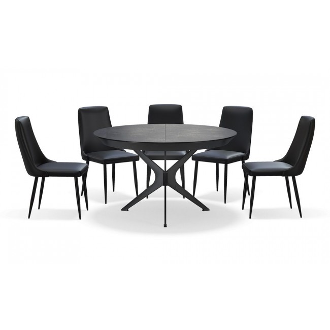Round dining table, table with middle enlargement, light opening mechanism, up to 8 diners, combined with formica in a concrete shade, the 'City' model includes 6 'Ford' chairs