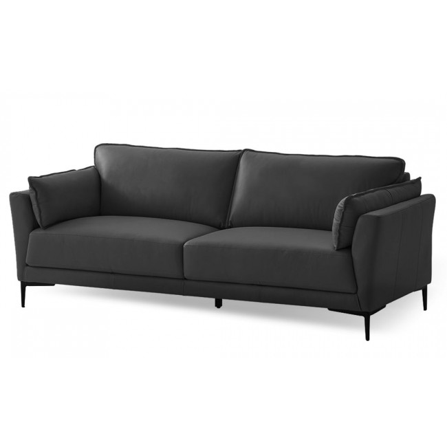 A beautiful seating system in fine solid leather, in gray, metal legs designed in black, a two-seater sofa and a three-seater sofa