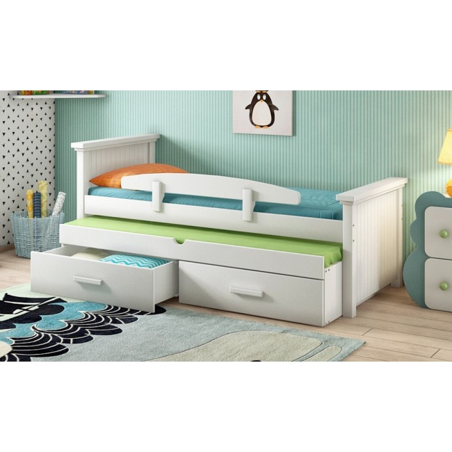 Design children's bed, friend's bed, 2 deep storage drawers, guardrail and 2 mattresses